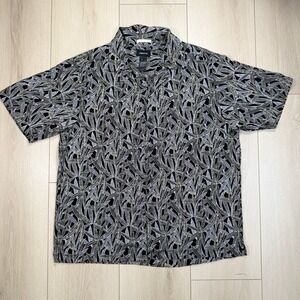 Claiborne Men's L Black Beige Leaf Print Short Sleeve Button Shirt Casual Retro‎